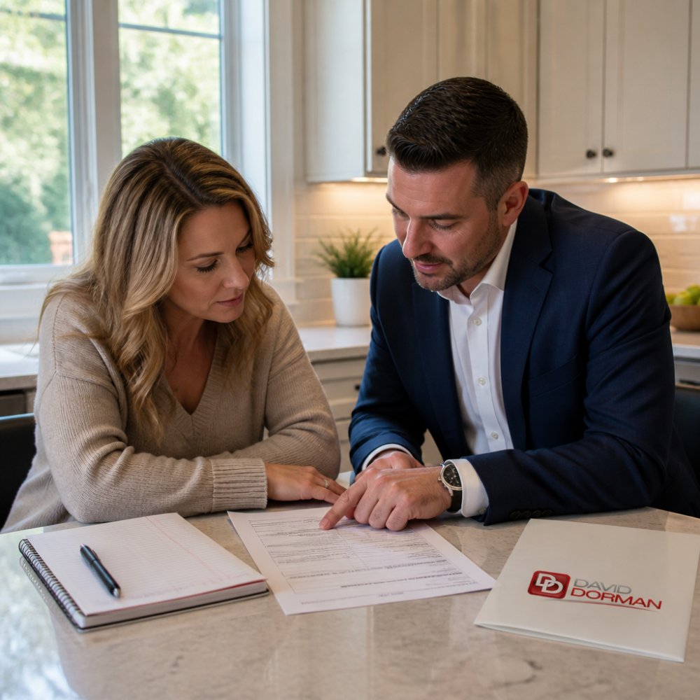 Real estate agent and buyer reviewing detailed home inspection report together at kitchen counter, pointing at specific items with notepad and pen nearby, natural window lighting