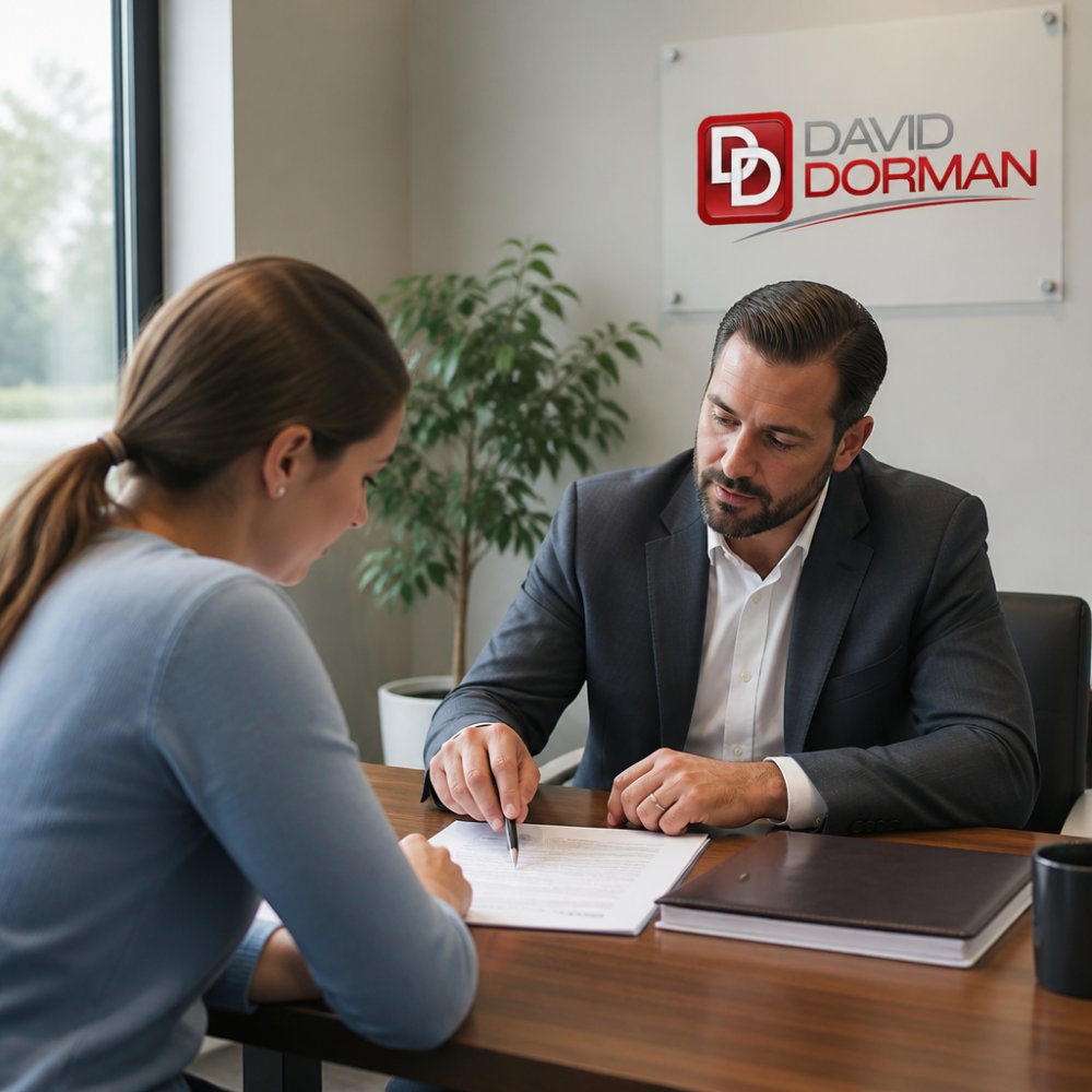 Professional realtor discussing contract terms with first-time homebuyer at office desk, with purchase agreement and pen visible, reviewing contingency clauses