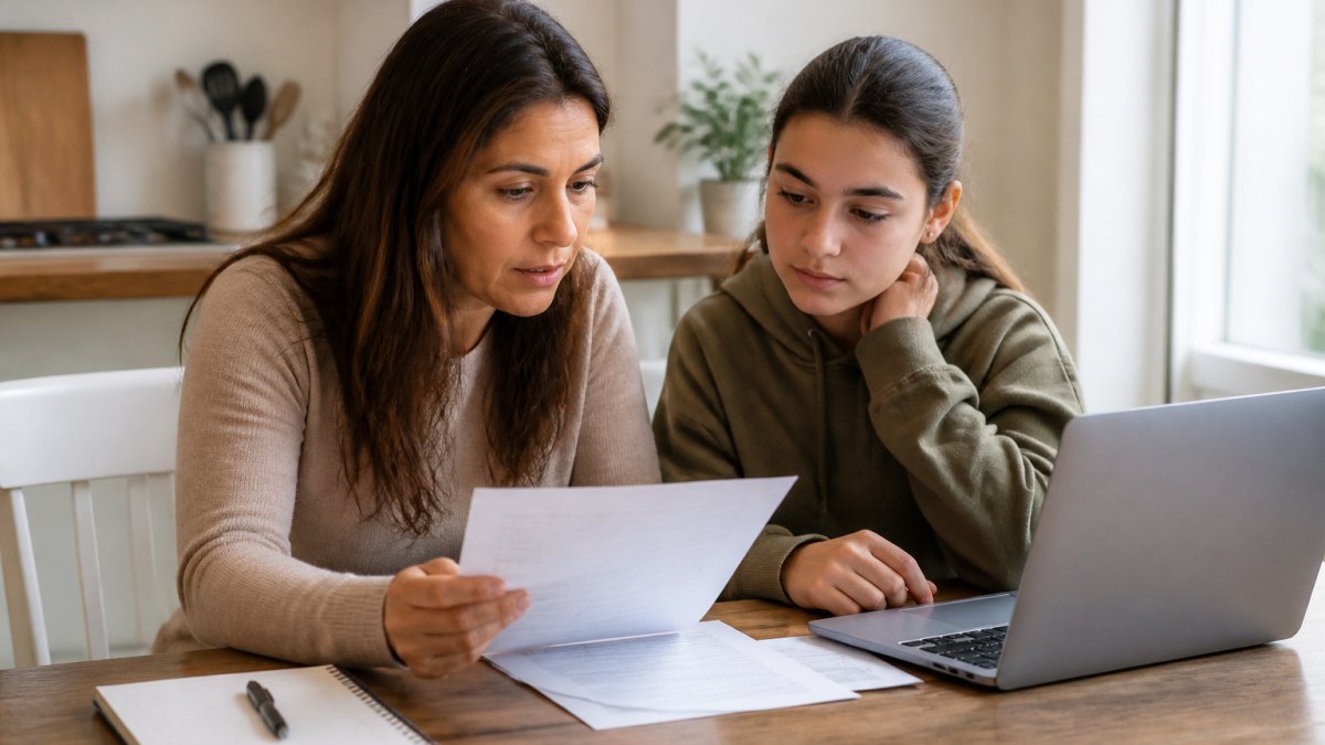 A parent and teenager sitting at a kitchen table reviewing insurance paperwork and a laptop together, with a notebook and pen nearby in warm natural light