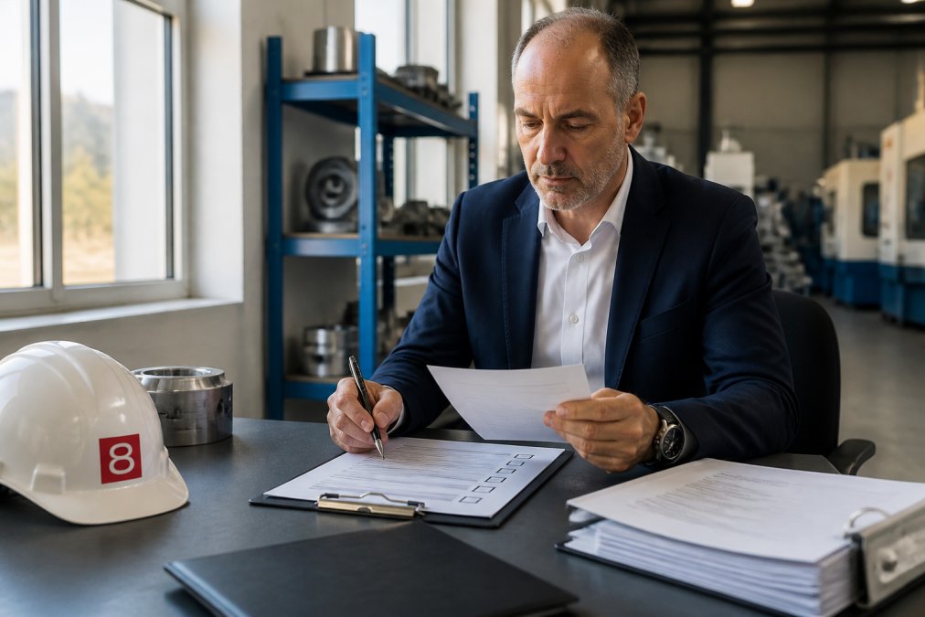 A compliance officer in business attire reviewing a physical checklist and internal control documents at a clean desk in a manufacturing facility, with natural daylight from a window