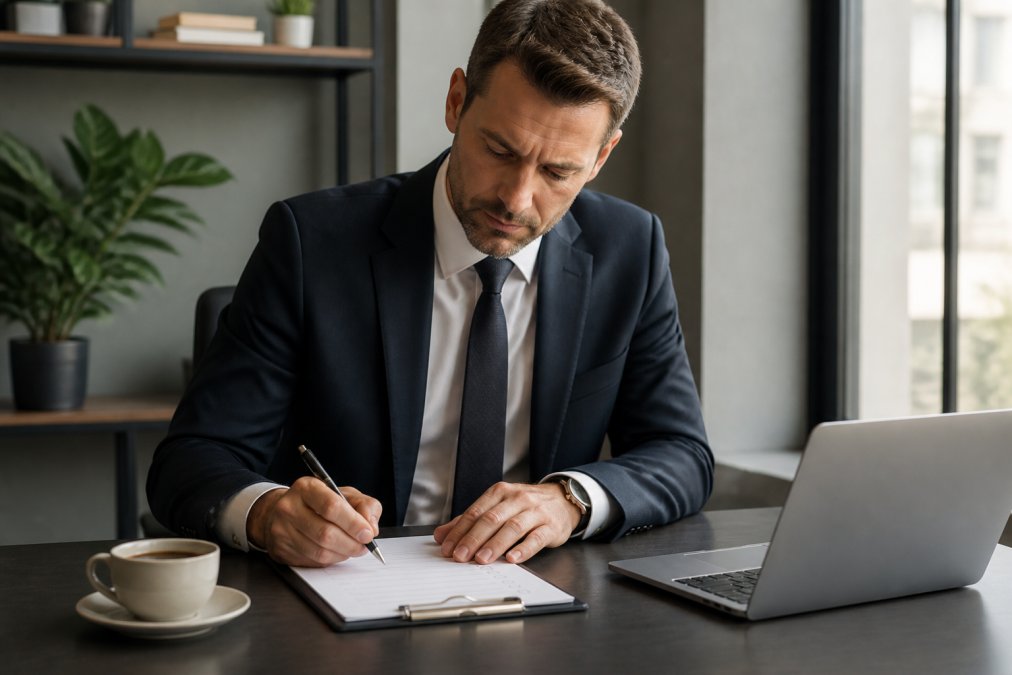 A professional in a tailored suit sitting at a clean, minimalist desk, holding a pen over a structured checklist on paper, with a laptop and a cup of coffee to the side, in a calm, well-lit office environment