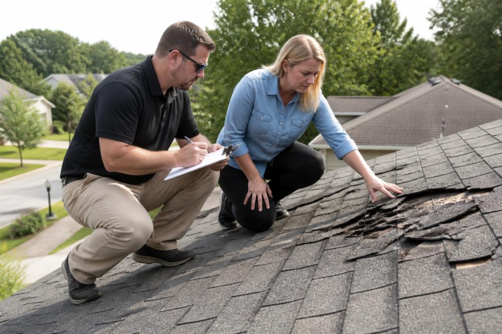 Insurance adjuster and homeowner reviewing roof damage together on the roof, adjuster holding clipboard and taking notes while examining damaged shingles