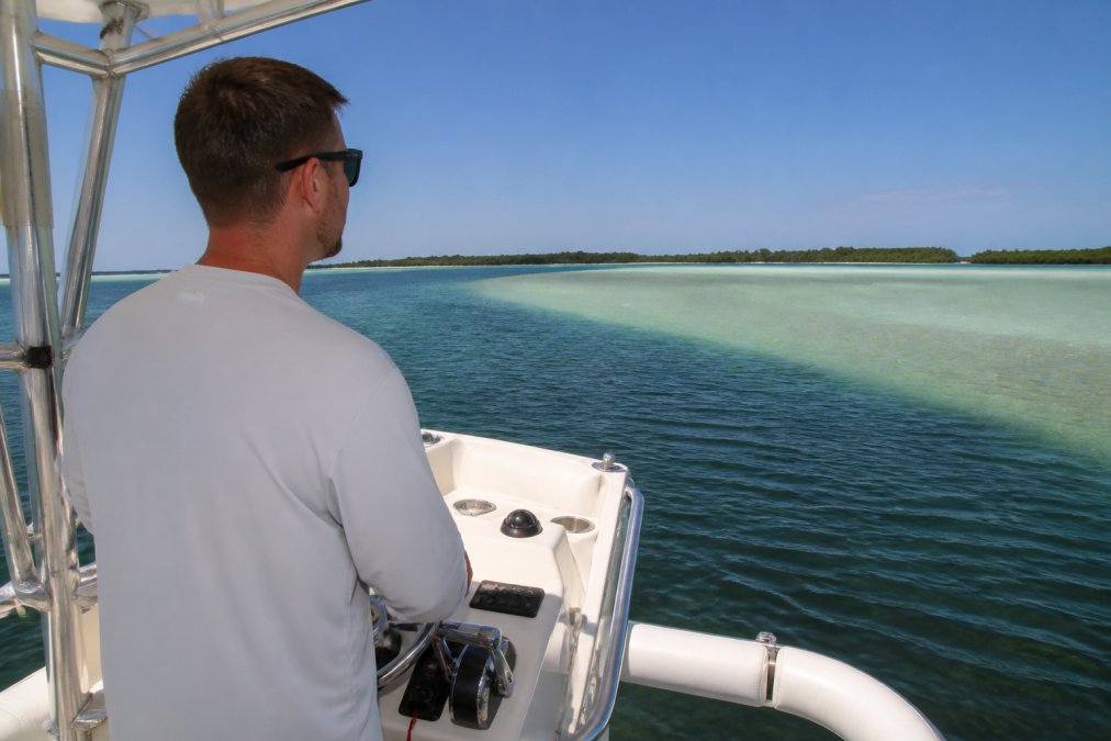 Boater standing at the helm wearing polarized sunglasses, looking out over shallow water with visible sandbars and contrasting water colors in the distance, showing the difference between deeper darker water and lighter shallow areas