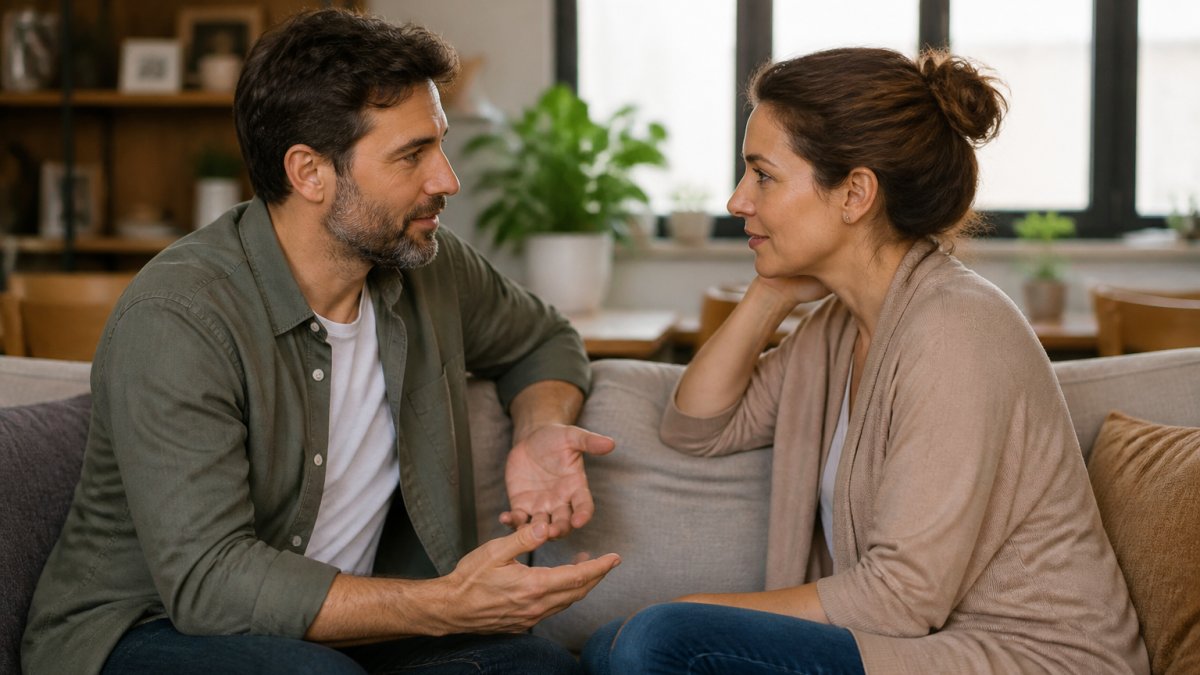 A couple in their forties sitting on a couch facing each other, speaking calmly with open body language, soft natural light through a window, warm domestic setting