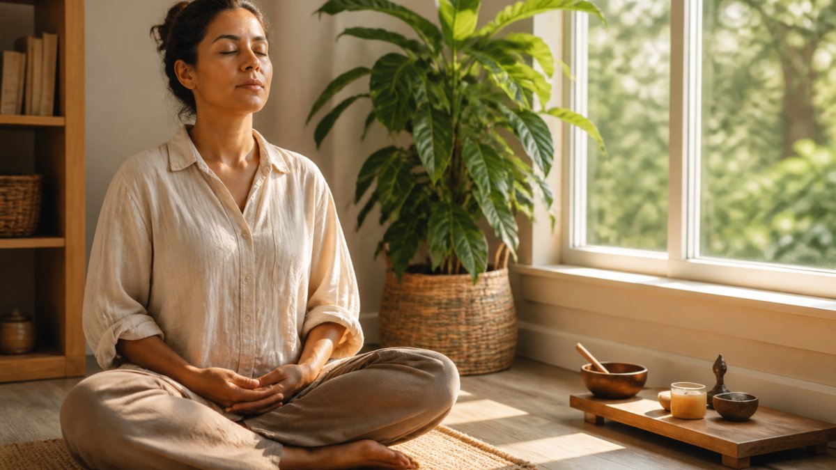 Person sitting peacefully in a sunlit room practicing deep breathing to stay grounded and centered