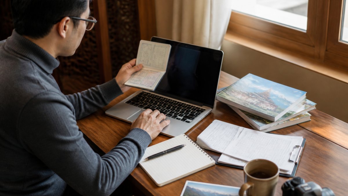 Traveller reviewing documents and passport to complete the Bhutan visa process on a laptop at a desk.