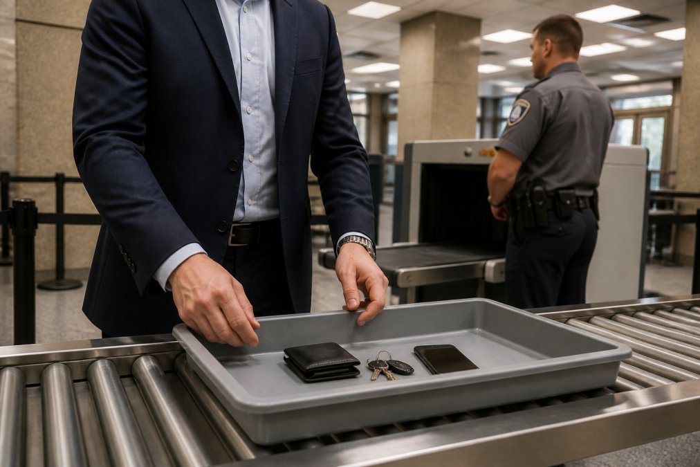 A person in professional business attire placing a wallet, keys, and phone into a gray security tray at a courthouse entrance screening checkpoint, with a uniformed security officer standing at the x-ray machine in the background, under bright fluorescent lighting
