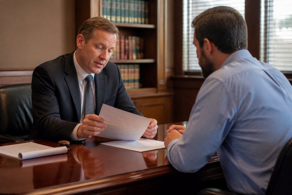 A defense attorney in a dark suit sitting across a polished wooden desk from a client, both reviewing printed legal documents in a warmly lit professional law office with bookshelves in the background