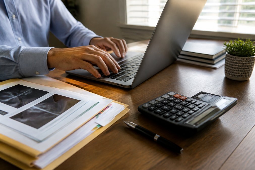 Person typing a car accident settlement demand letter on a laptop near medical records and a calculator