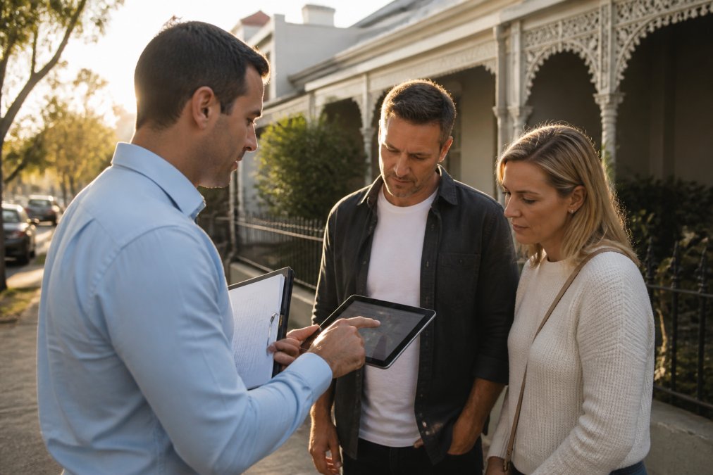 Property professional reviewing comparable sales data on a tablet to negotiate a lower house price outside a home.