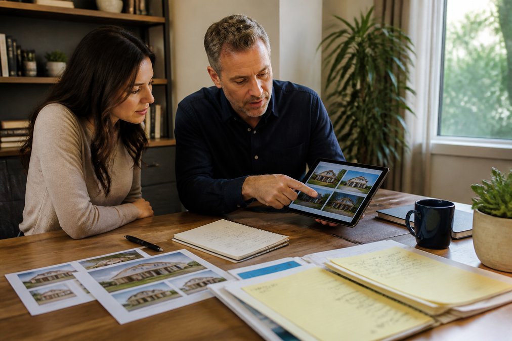 Real estate agent and buyer reviewing comparable property listings and recent sales data on a tablet in a home office, with printed market analysis sheets and handwritten notes scattered on the desk