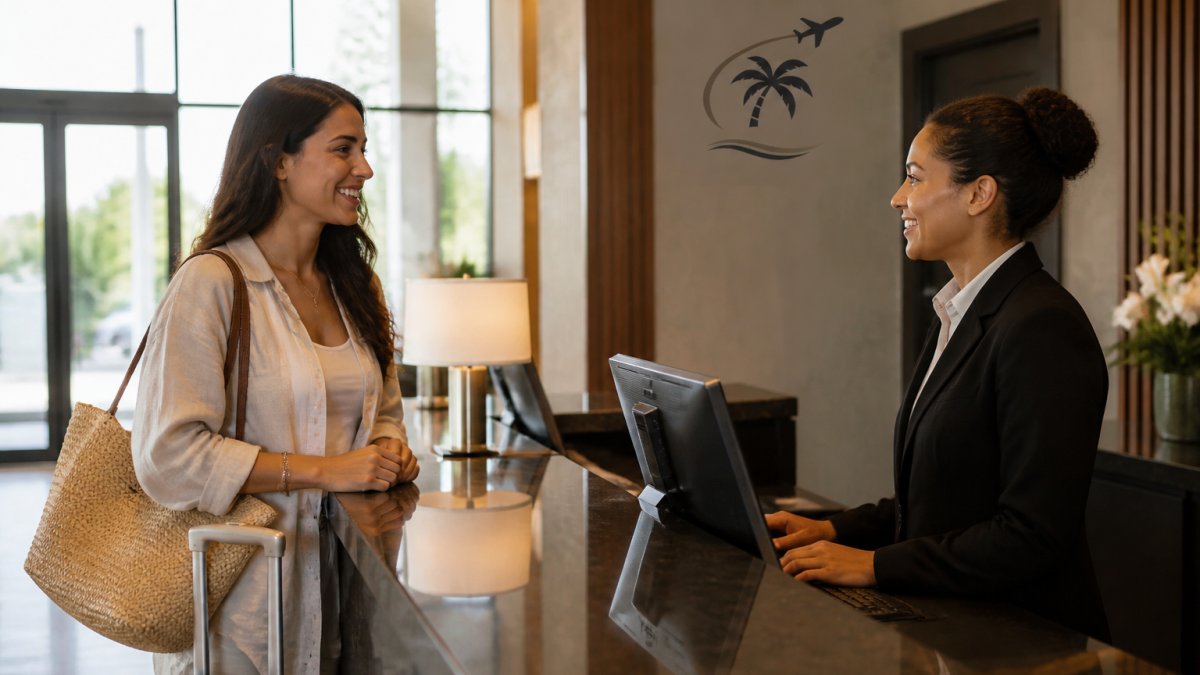 Friendly traveler smiling while negotiating a room upgrade with a hotel front desk agent in a modern lobby.