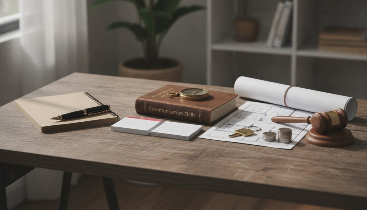 Professional tenant sitting across from property manager at desk during rental negotiation meeting, reviewing lease documents together in modern office setting with natural light