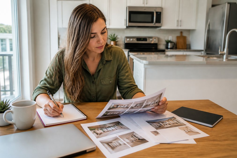 A young professional sitting at a kitchen table with a laptop, printed rental listings, and a notepad, comparing rent prices in a bright apartment