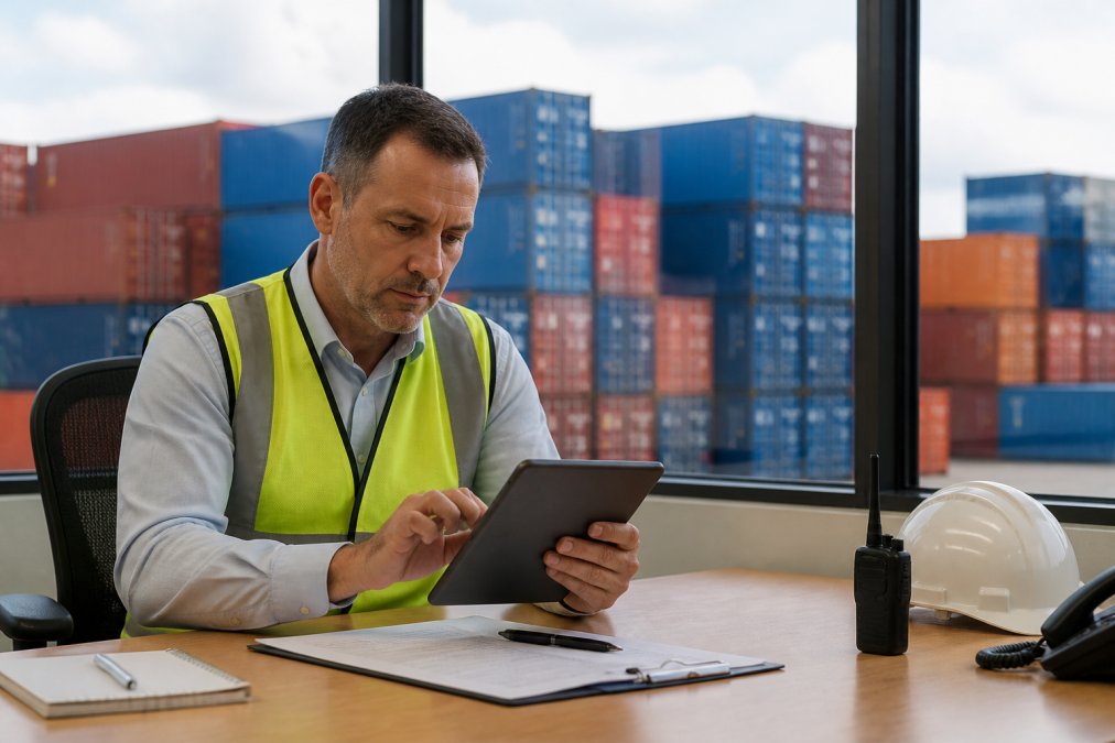 A logistics manager in a warehouse office reviewing shipping documents on a tablet while stacked containers are visible through the window behind them