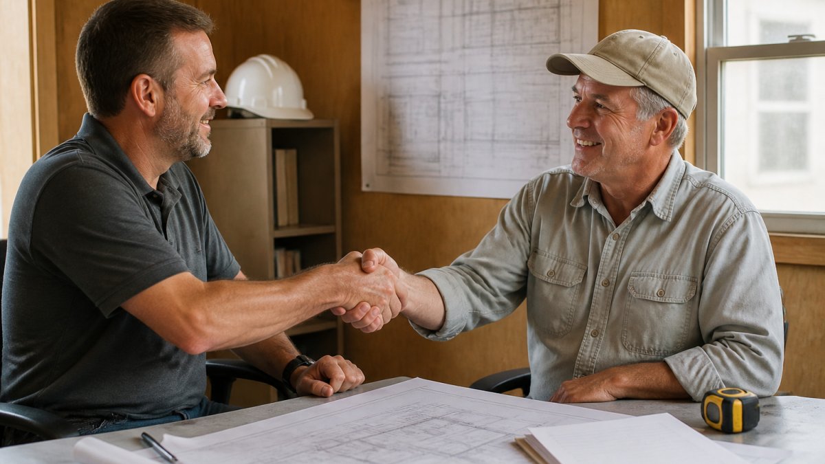 General contractor and subcontractor shaking hands after learning how to negotiate better rates with subcontractors