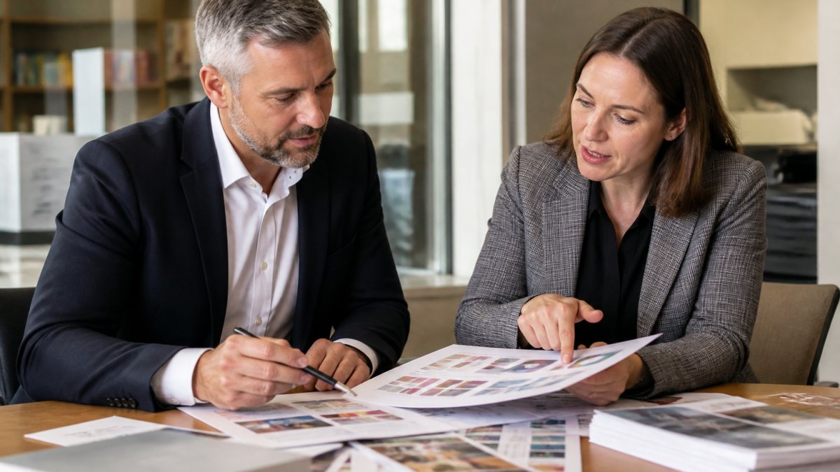 Professional in business attire reviewing printing samples and color specifications on a desk while preparing vendor negotiation materials, natural office lighting