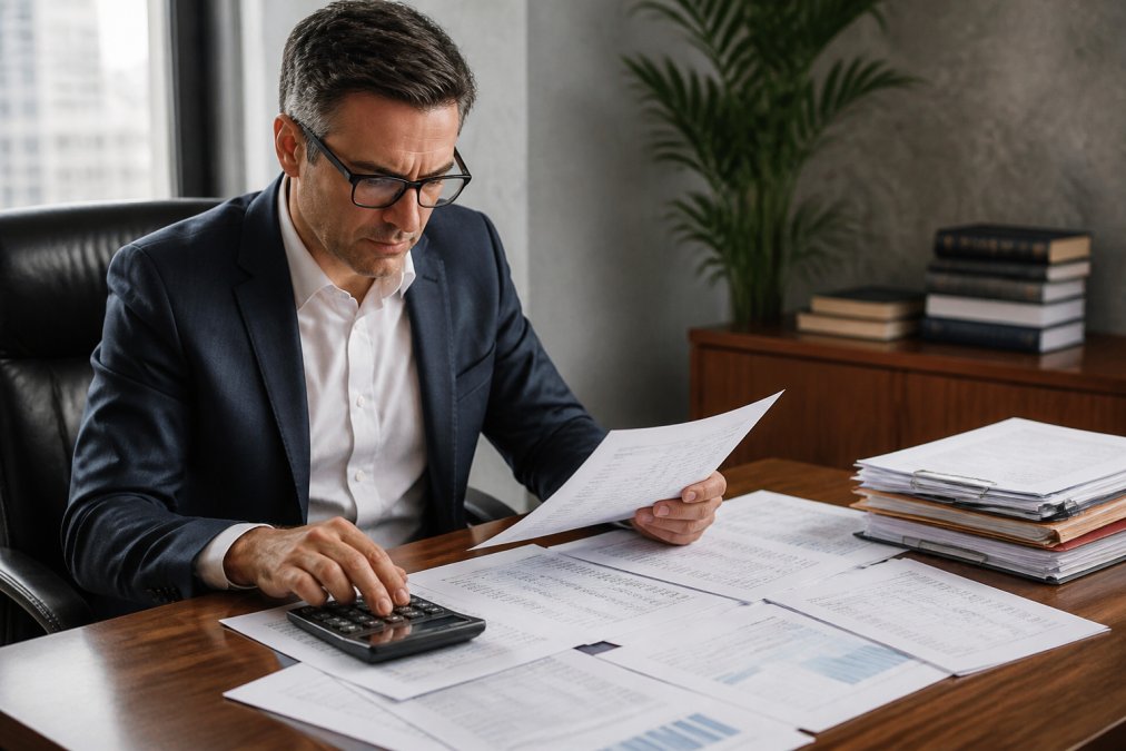 Business professional reviewing financial documents and balance sheets at a desk with a calculator and laptop, natural office lighting