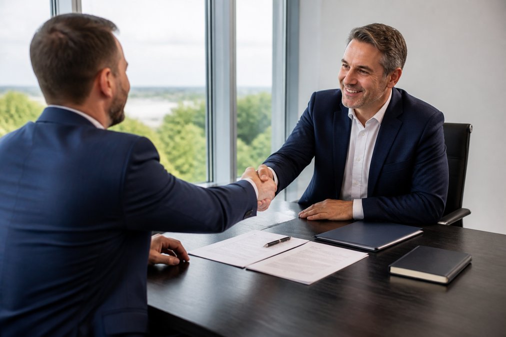 Two business professionals shaking hands across a conference table with contracts and documents between them, natural office lighting