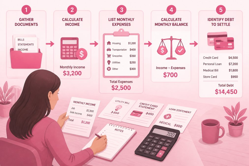 Individual reviewing financial documents and bills at home, calculator and notepad visible, showing financial assessment process