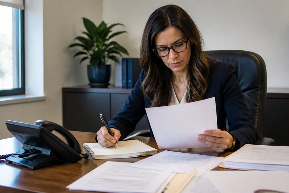Professional sitting at desk reviewing written correspondence and taking notes, with phone nearby and documents spread out showing settlement negotiations