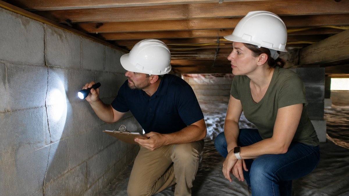 Home inspector and buyer examining crawlspace cracks to negotiate foundation repairs before purchasing a home.