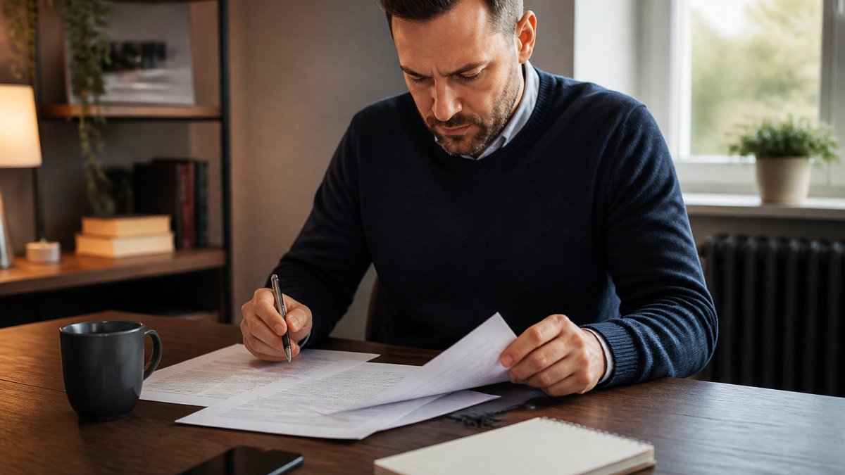 Landlord reviewing contract documents at a desk with a laptop, pen, and notepad, examining guaranteed rent terms carefully under warm office lighting