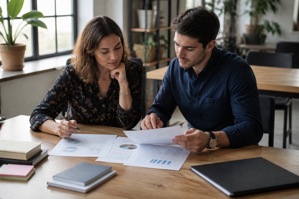 Marketing professionals reviewing budget documents to learn how to negotiate influencer marketing contracts.