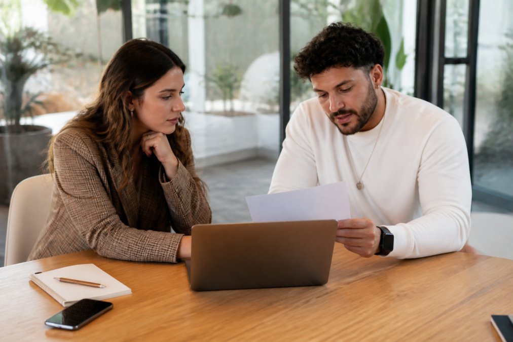 A marketing manager and a content creator sitting across a table in a bright office, reviewing a printed rate proposal with a laptop open between them