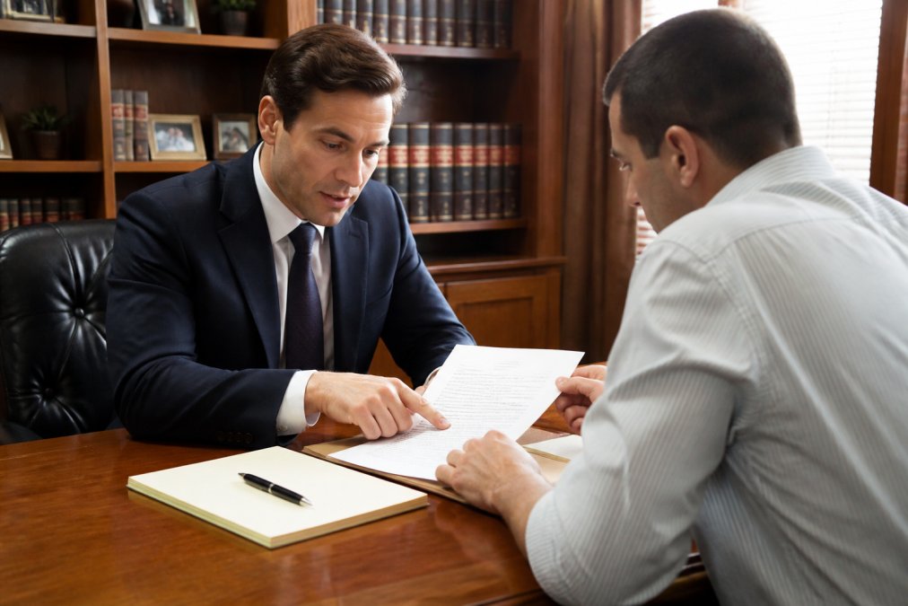 A criminal defense attorney and client reviewing a written fee agreement across a desk in a law office, with a notepad and pen visible