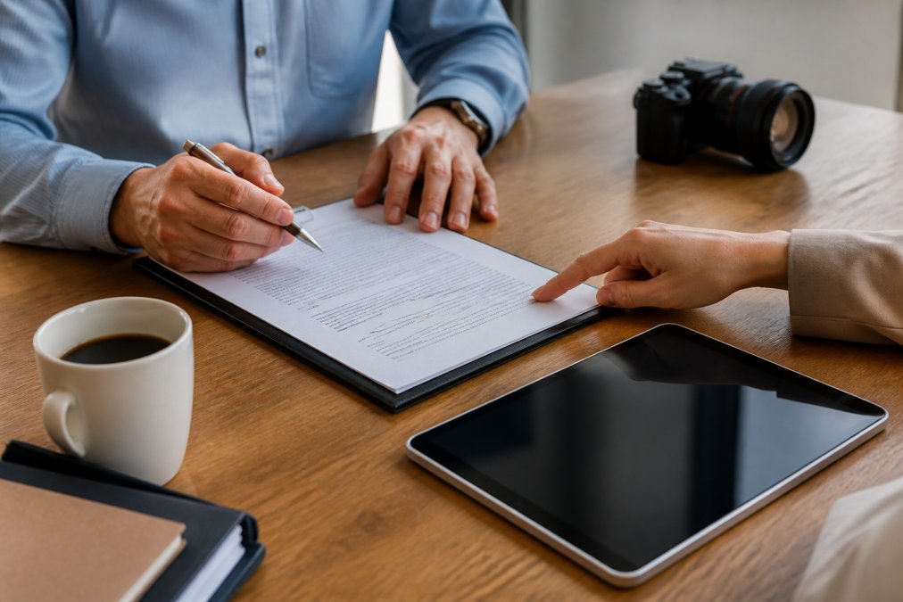Close-up of hands reviewing a photography contract document with a pen, coffee cup, and tablet showing payment terms visible on screen, natural office lighting