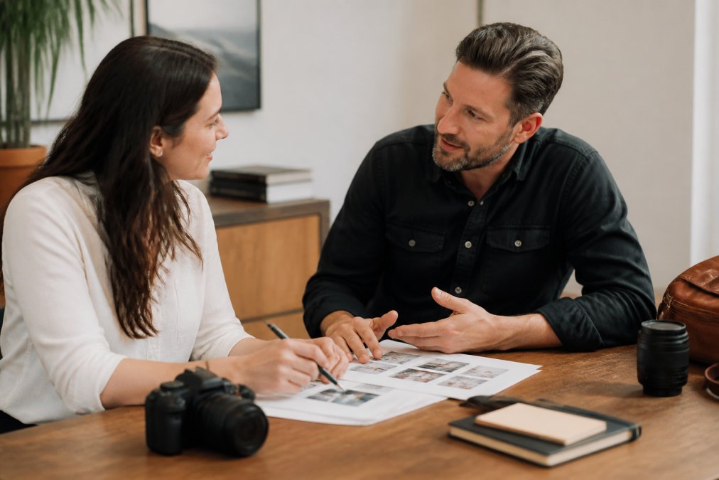 Professional photographer and client discussing contract details at a desk with documents and laptop, both appearing engaged and collaborative, warm office lighting