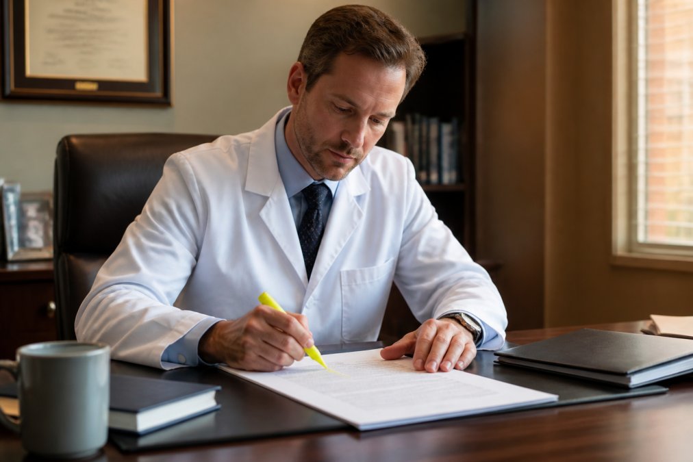 A physician in a white coat sitting at a desk with a laptop and a printed contract, reviewing compensation details with a highlighter in hand, warm office lighting
