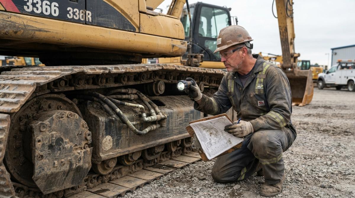 Professional inspector examining excavator undercarriage and hydraulic lines with clipboard and specialized inspection tools in daylight