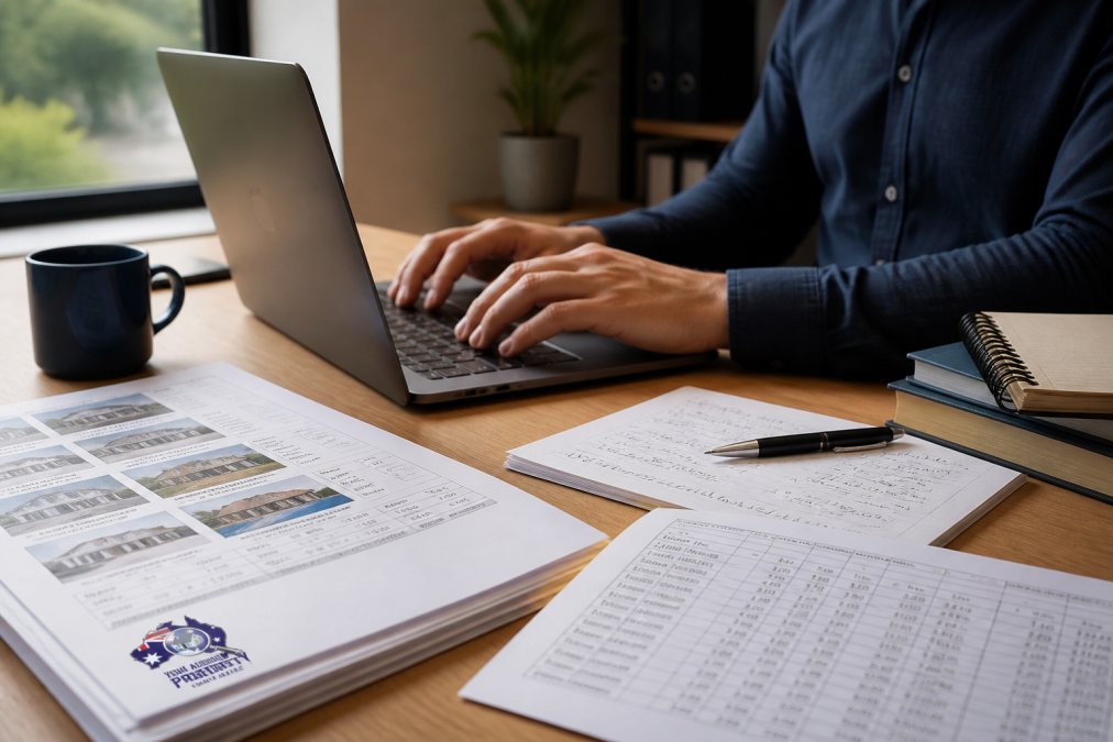 Buyer reviewing property documents and comparable sales data on a laptop at a desk, with printed market reports, spreadsheets and handwritten notes nearby in natural office lighting