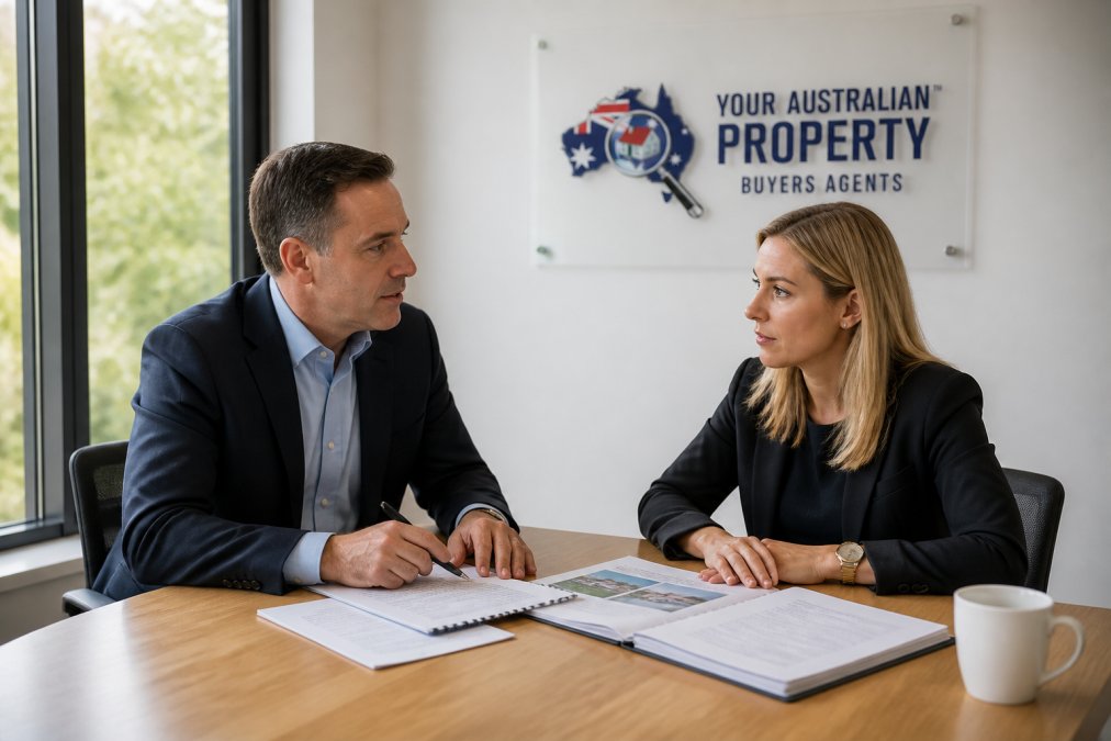 Professional buyer's agent having a focused conversation with a real estate agent in a modern office setting, reviewing property documents together with natural window lighting