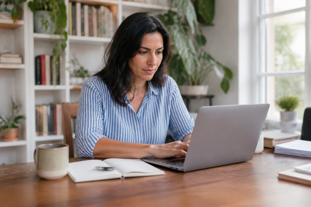 A professional woman at a tidy desk reviewing salary data on a laptop, with a notebook, pen, and a coffee mug beside her in a bright home office