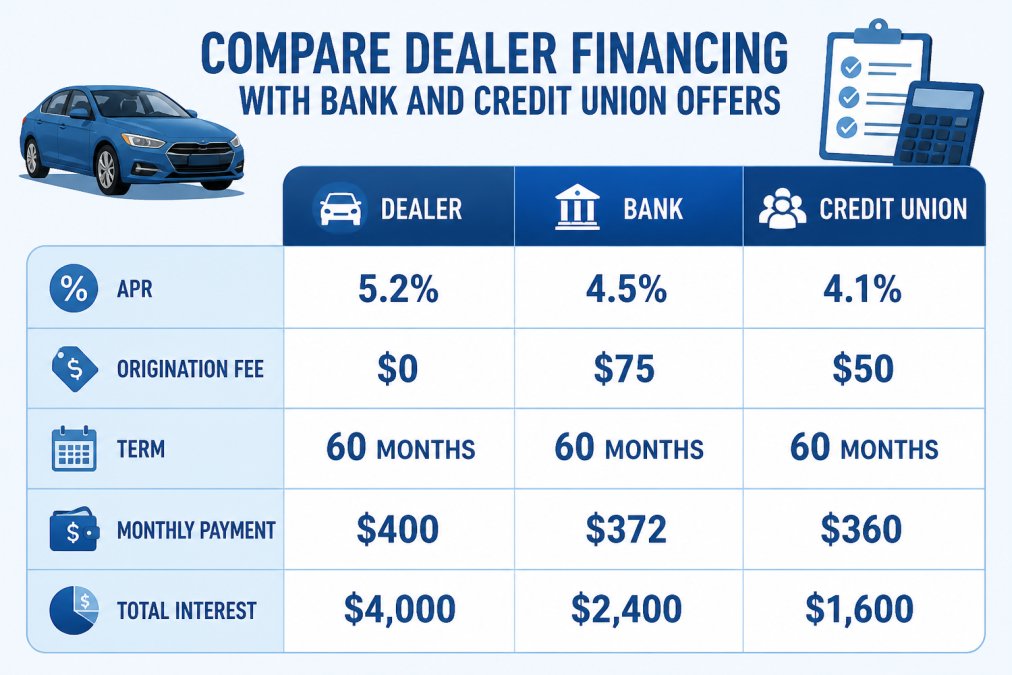 Comparison table showing three financing offers: Dealer (5.2% APR, $0 origination fee, 60-month term, $400/month payment, $4,000 total interest), Bank (4.5% APR, $75 origination fee, 60-month term, $372/month payment, $2,400 total interest), Credit Union (4.1% APR, $50 origination fee, 60-month term, $360/month payment, $1,600 total interest)
