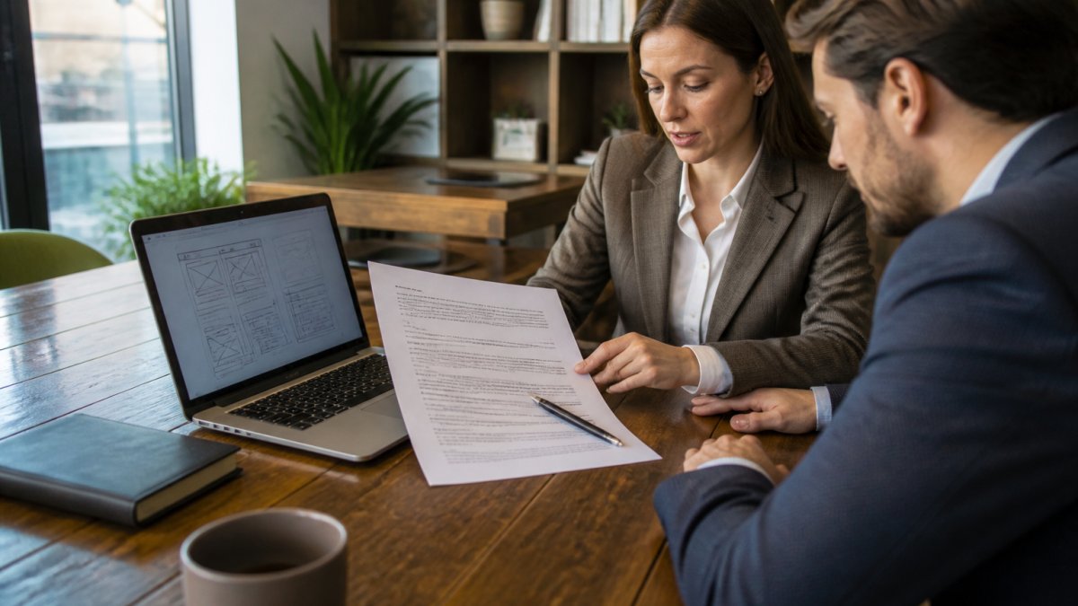 Checklist infographic for how to negotiate web development agency contracts featuring professionals reviewing a draft.
