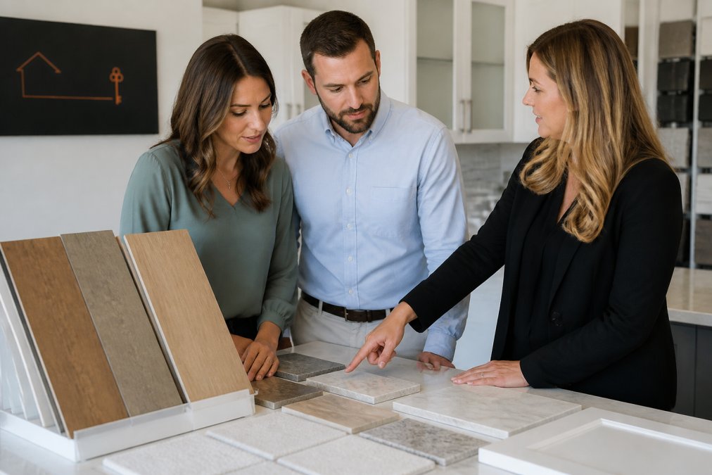 A couple reviewing design center upgrade options with a sales representative in a bright showroom, pointing at samples of flooring and countertops