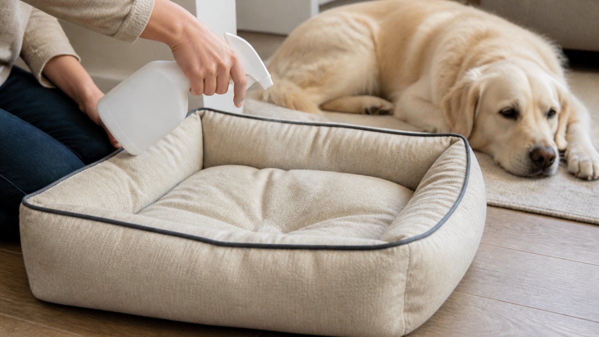 Close-up of a person's hand spraying a bio-based odor eliminator onto a dog bed, with the dog resting nearby on a light-colored surface