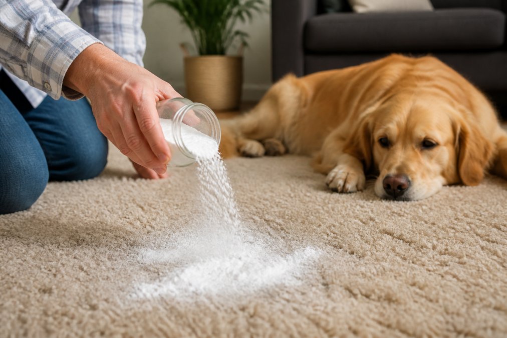 Close-up of someone sprinkling baking soda powder on a carpet surface with a dog resting nearby, showing the practical application of the deodorizing method in natural afternoon light