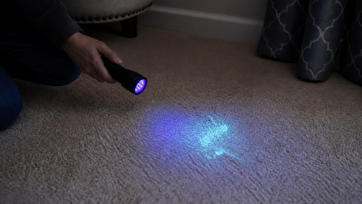 Person using a blacklight flashlight in a darkened room to reveal hidden pet urine stains on light-colored carpet, showing the fluorescent glow of contaminated areas