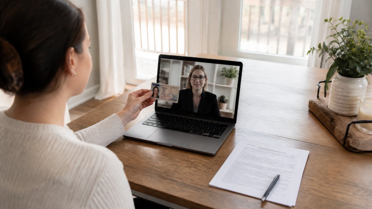 A person sitting at a home desk holding a government-issued ID up to a laptop screen during a video call, with a printed document and pen on the desk beside them