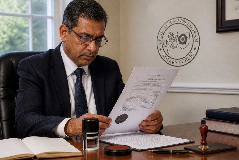 Notary public examining corporate registers with a seal and stamp to show how to notarize foreign company registers