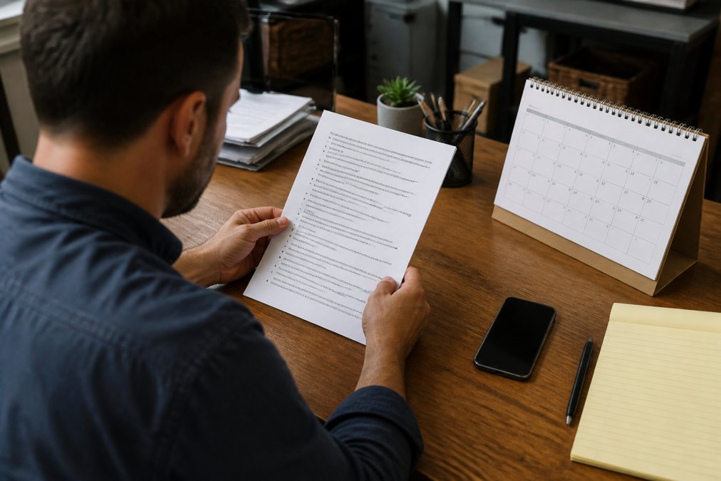 Landlord or property manager reviewing a pest control notice document at a desk with a calendar, clipboard, and phone nearby, showing the planning and notification process