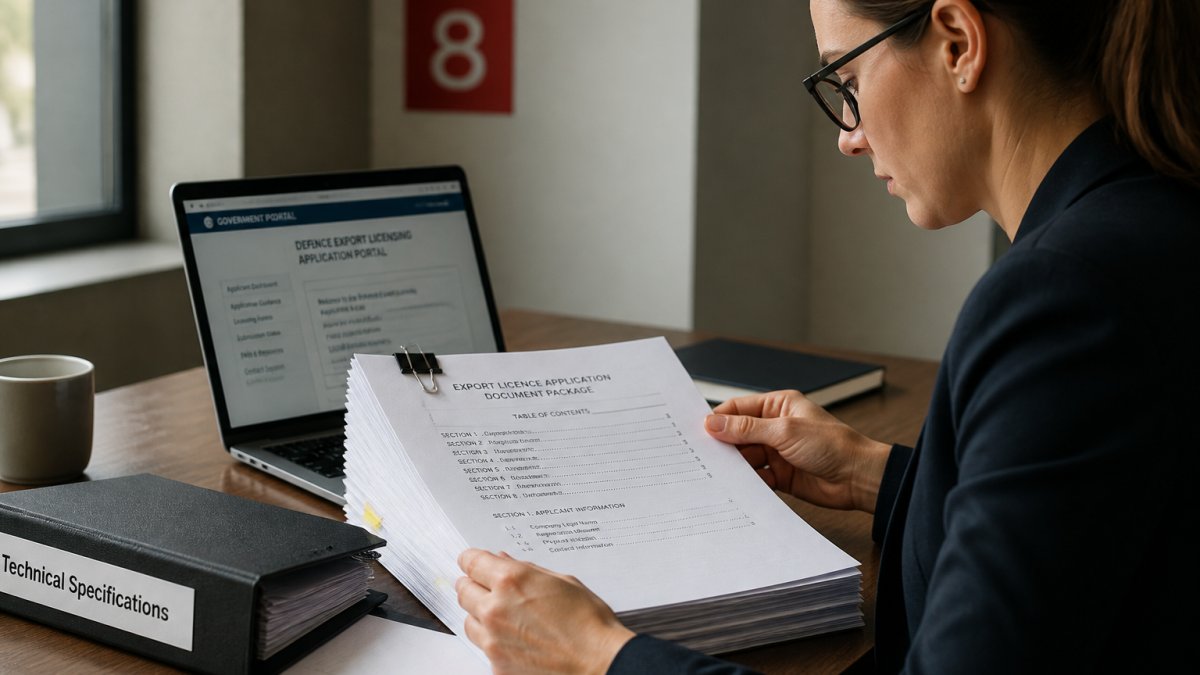 A compliance officer at a desk reviewing a thick stack of export licence application documents, with a laptop showing a government portal and a folder labeled 'Technical Specifications' nearby