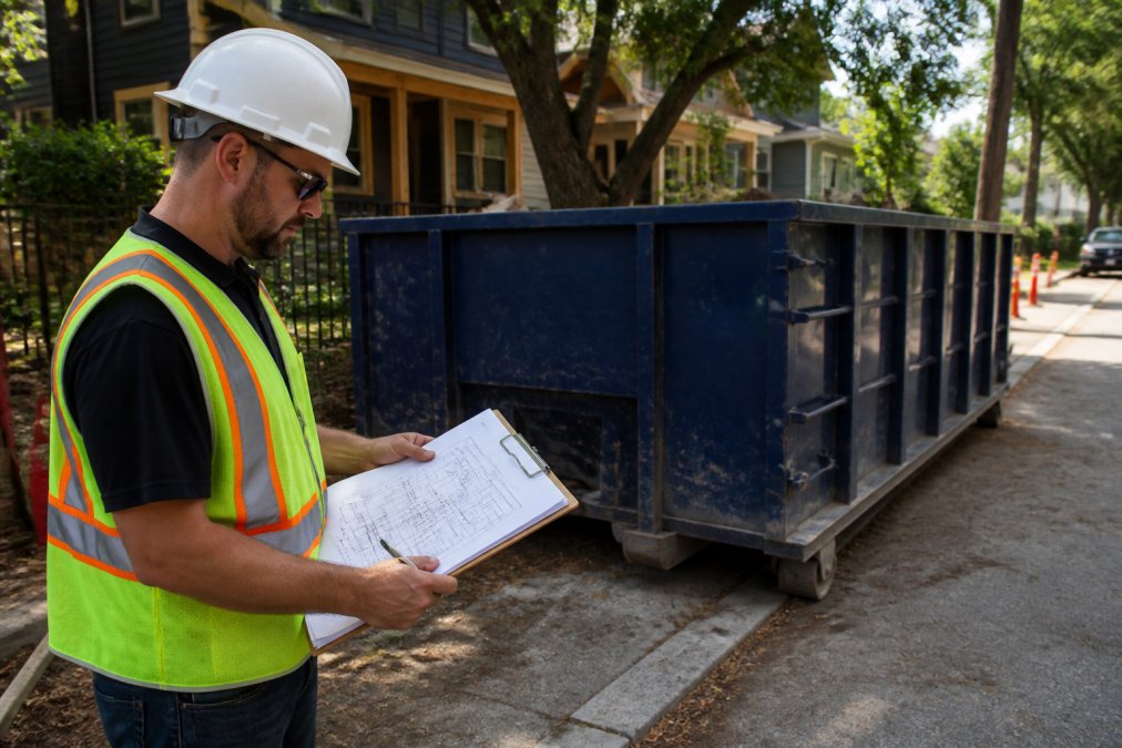 A construction site manager in a hard hat reviewing paperwork and a plot plan on a clipboard beside a roll-off dumpster parked on a residential street