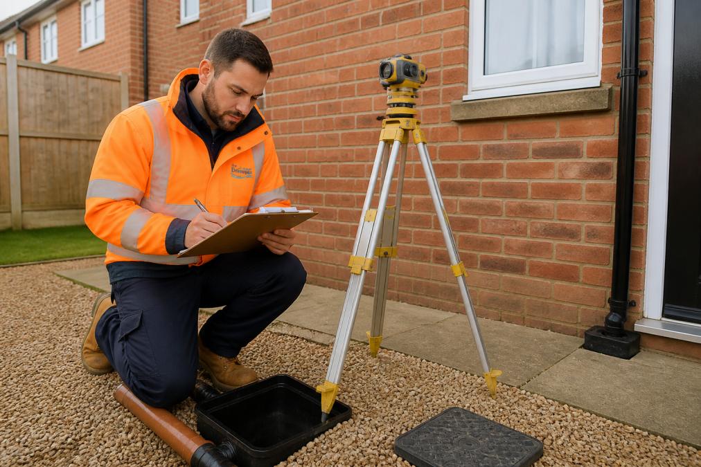 Professional surveyor conducting site visit, measuring drainage infrastructure on residential property with clipboard and surveying equipment, natural daylight