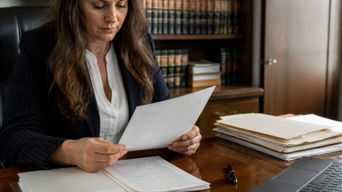 Person at a desk reviewing a transcript request form for closed court cases with a laptop and documents nearby